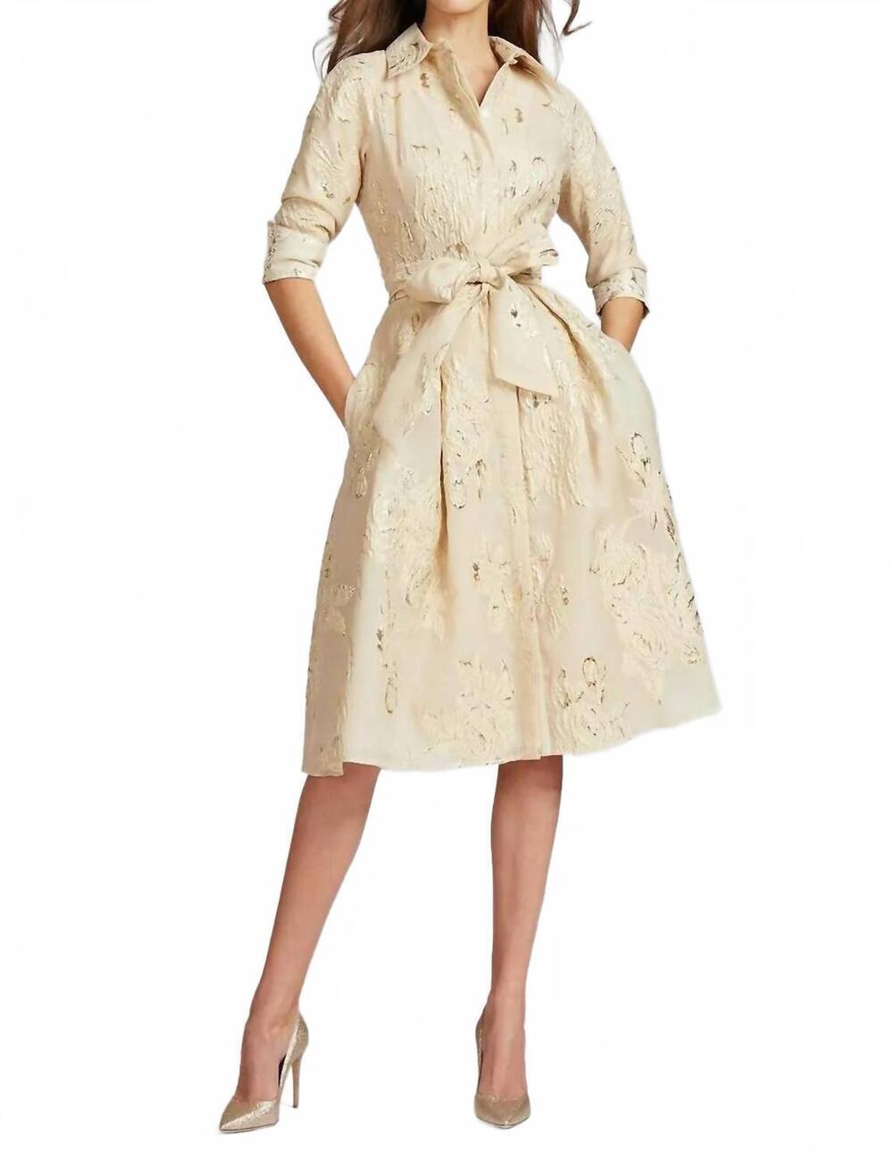 NEW TERI JON metallic jacquard shirt dress in champagne